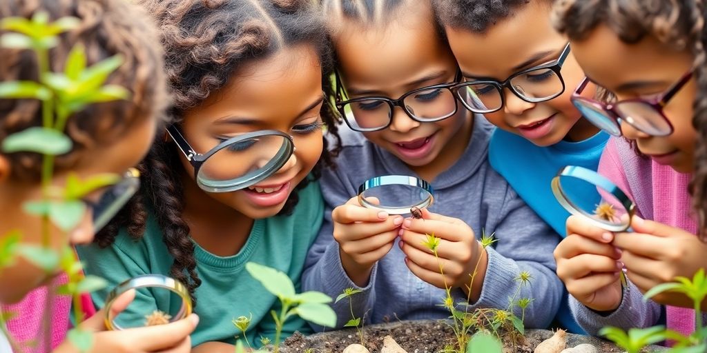 Children exploring nature with magnifying glasses, full of curiosity.