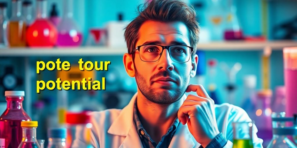 Scientist in lab, deep in thought, colorful equipment around.