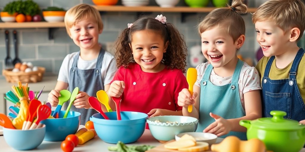 Children cooking with colorful kitchen tools and gifts.