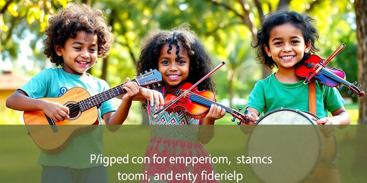 Children joyfully playing musical instruments in nature.