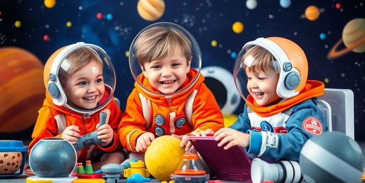 Children playing with astronaut toys and costumes, smiling joyfully.