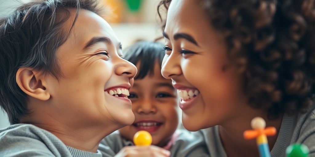 Parent and child smiling together in a joyful moment.