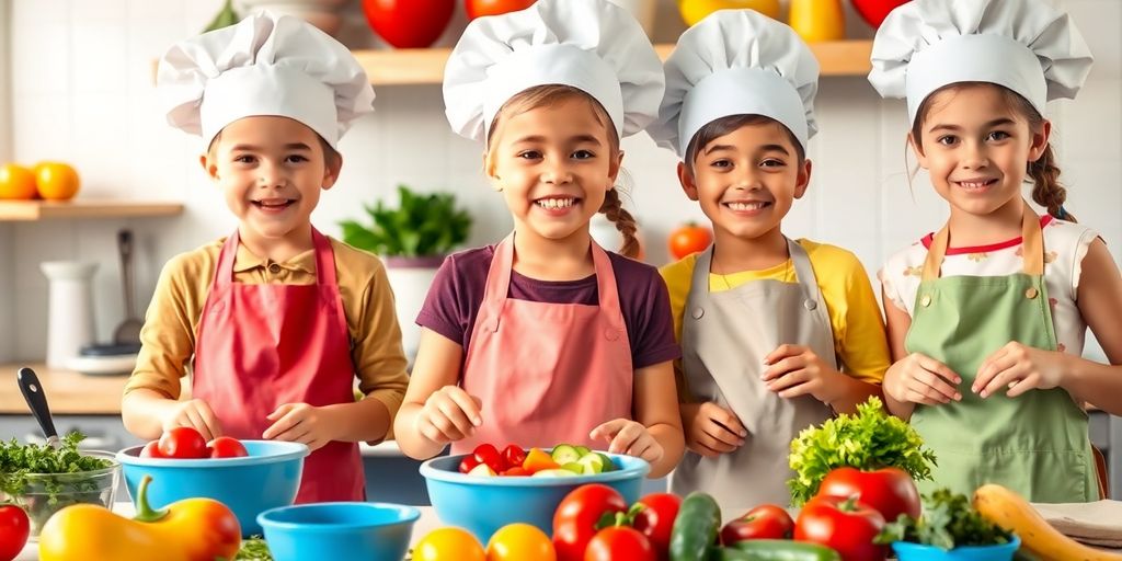 Young chefs cooking with colorful ingredients in a kitchen.