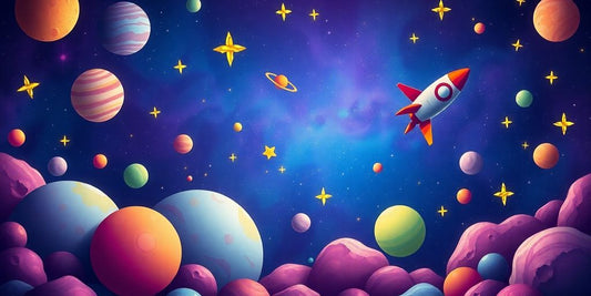 Colorful planets, stars, and a whimsical rocket in space.