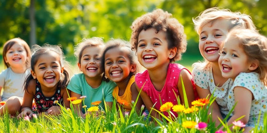 Children smiling, bright colors, positive atmosphere.