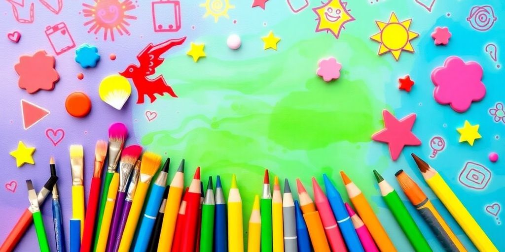 Colorful art supplies and playful doodles for kids.