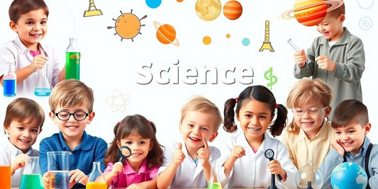 Kids exploring science with experiments and joyful expressions.