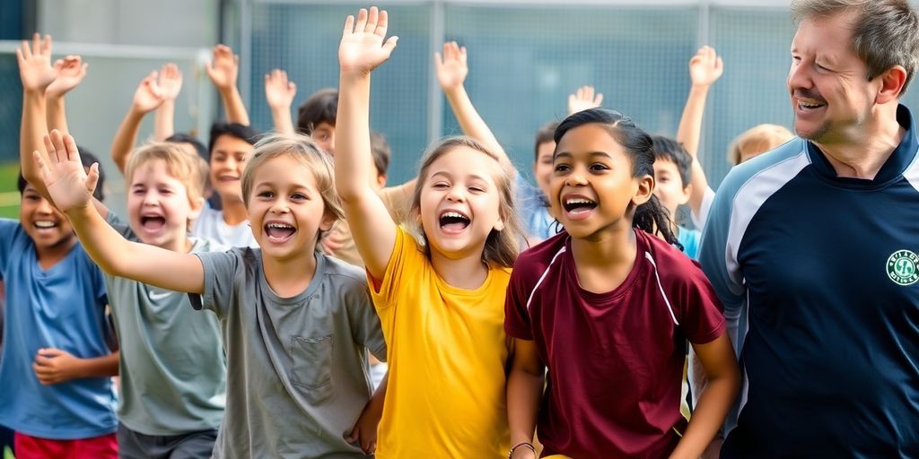 Children celebrating a sports victory with a golden trophy.