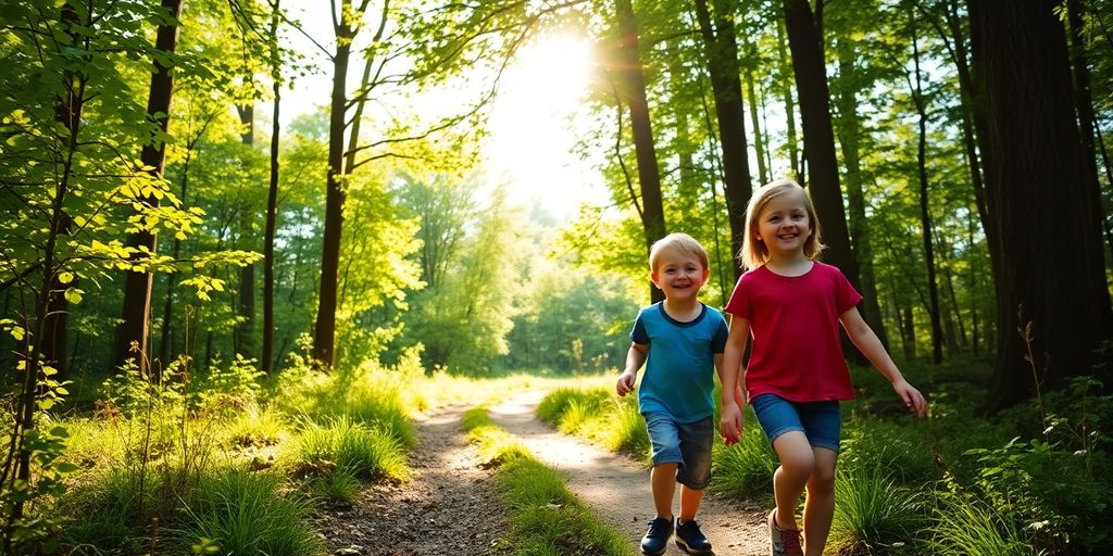 Children exploring a sunlit forest path.