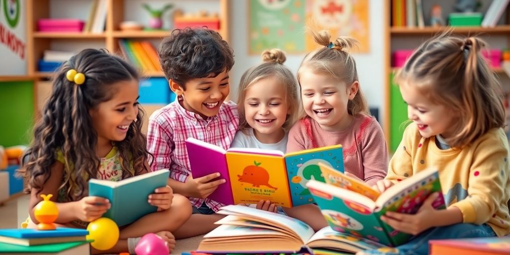 Children happily engaged in storytelling activities with colorful books.