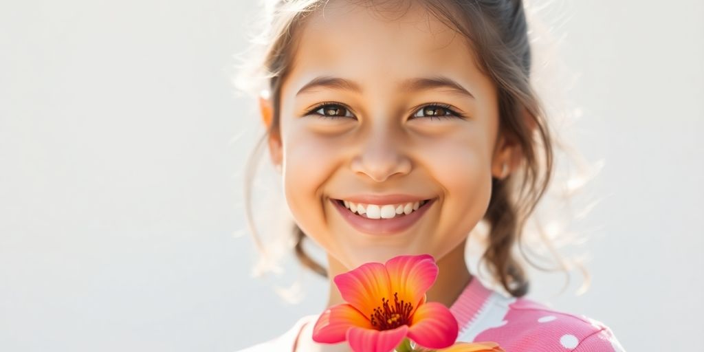 Daughter beaming, holding empowering flower.