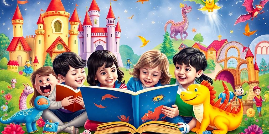 Children immersed in storytelling with colorful characters around them.