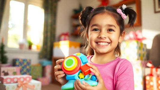 Happy girl receiving a colorful birthday gift.
