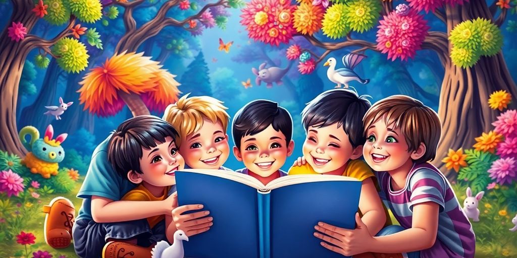 Children enjoying a magical storytelling moment in nature.
