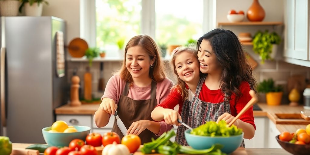 Mother and daughter cooking together in a bright kitchen.
