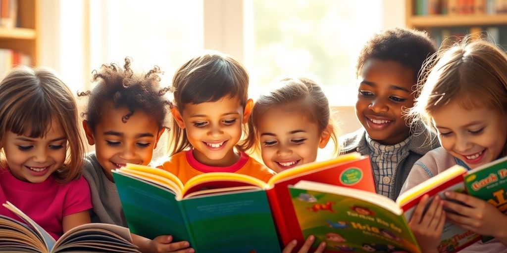 Children reading books with bright smiles.