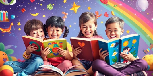 Children happily reading books and exploring their imagination.