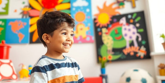 Brightly colored personalized wall art in a child's room.