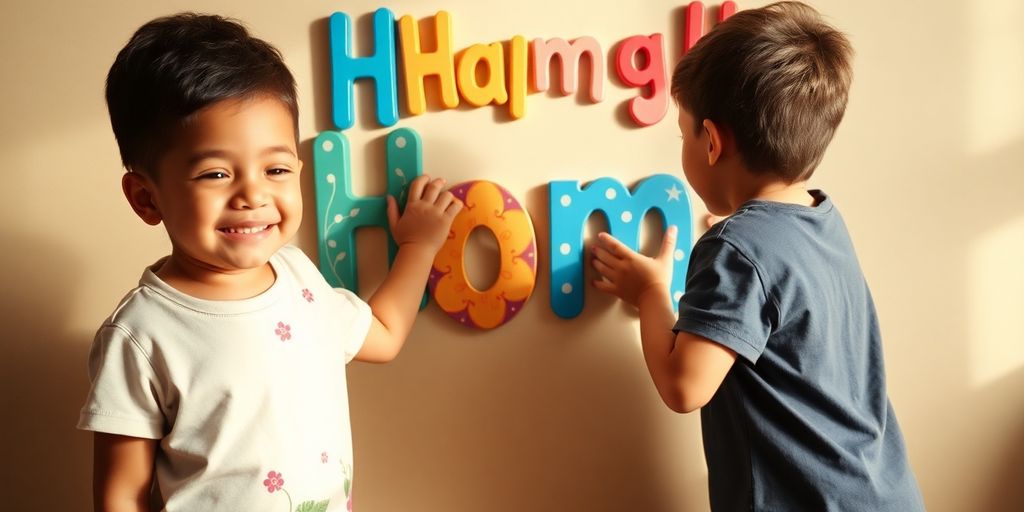 Children smiling with custom name wall art.