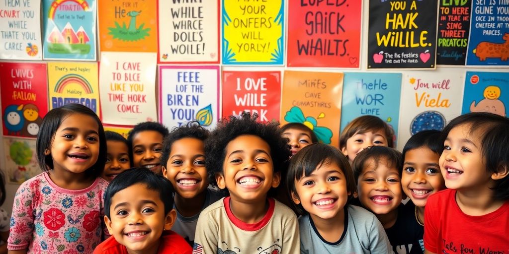 Children smiling with colorful posters.