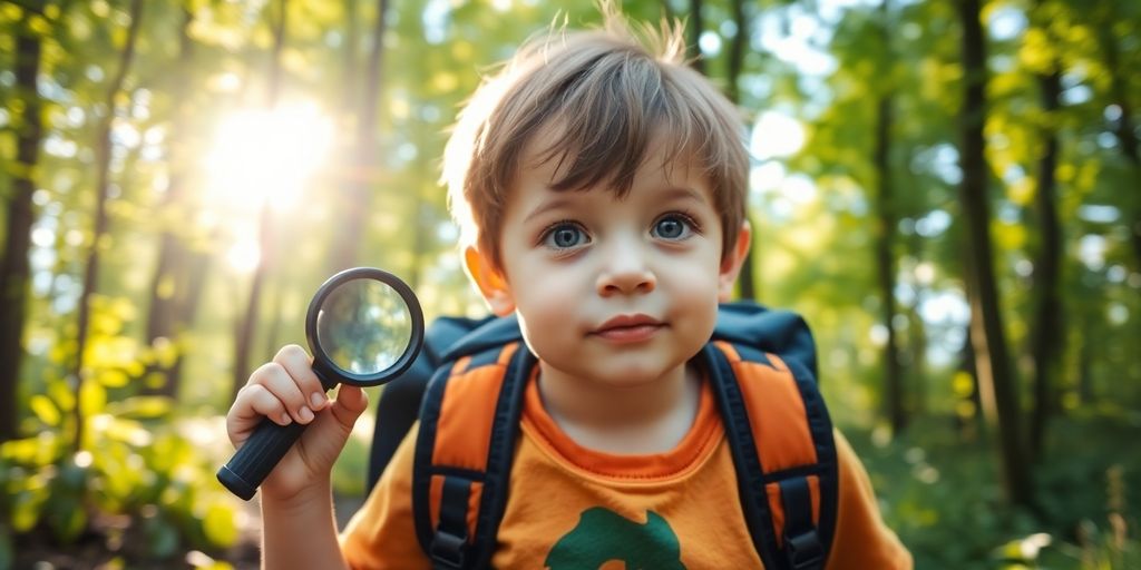 Child exploring a forest with curiosity and excitement.