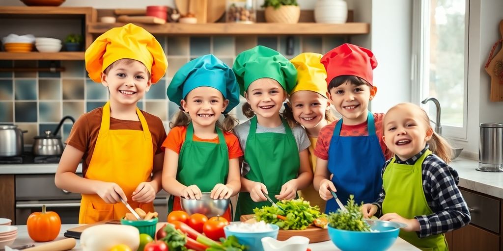 Kids happily cooking together with colorful chef attire.