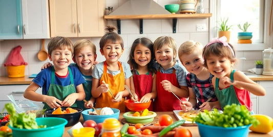 Kids cooking together in a colorful and lively kitchen.
