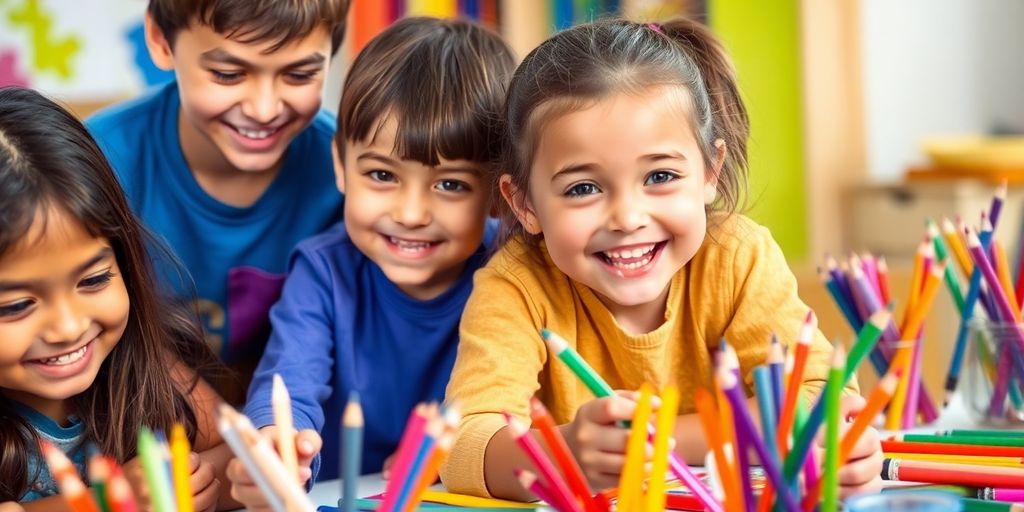 Children happily creating with colorful art supplies.