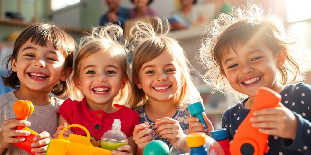 Children smiling with colorful toys.