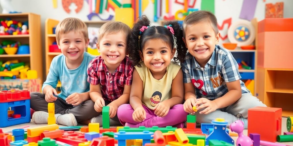 Children joyfully playing with imaginative toys and games.