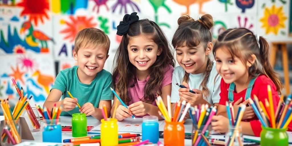 Children engaged in creative art activities with various supplies.