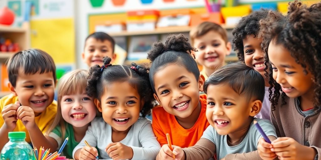 Children joyfully learning and exploring educational tools together.