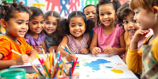 Children joyfully creating art with colorful supplies.
