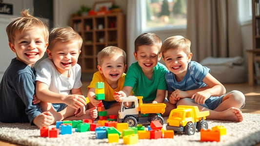 Boys playing with colorful building blocks and toy truck.