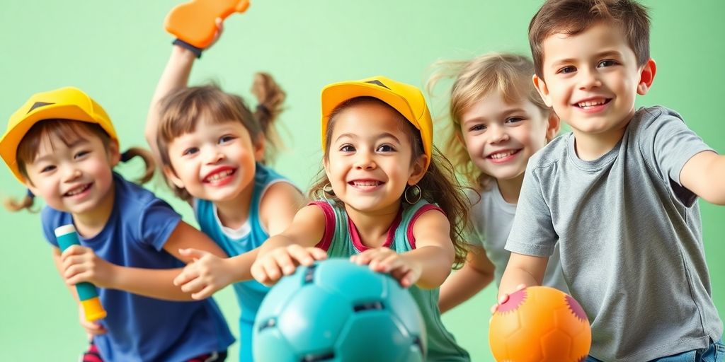 Children playing sports with fun gear and smiles.