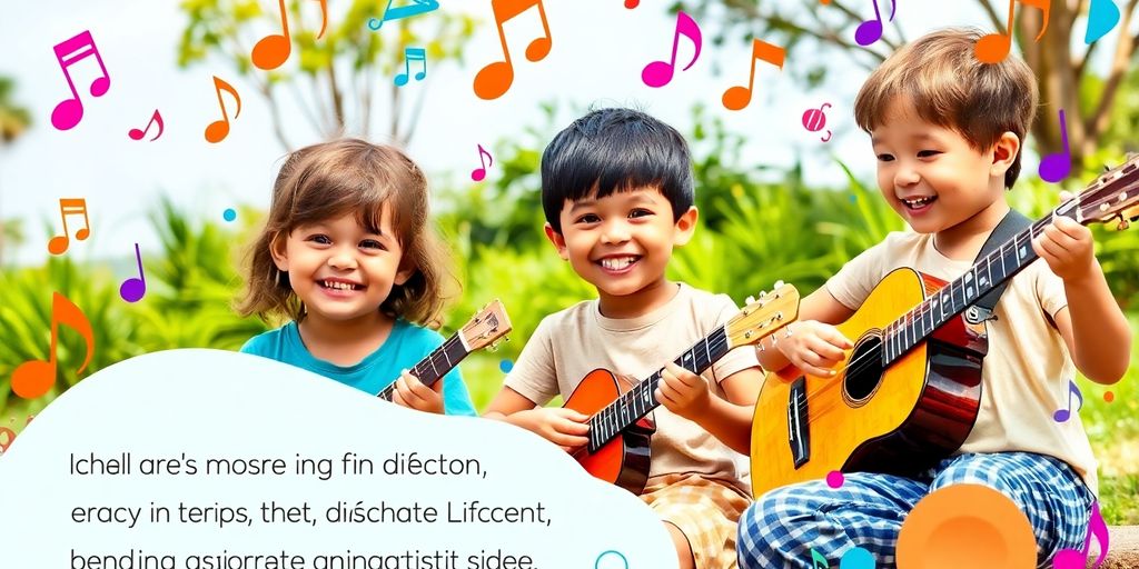 Children playing instruments with colorful music notes around.