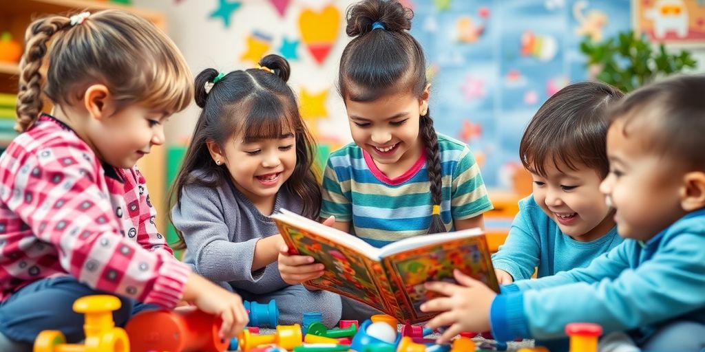 Children joyfully playing with storytelling toys and products.