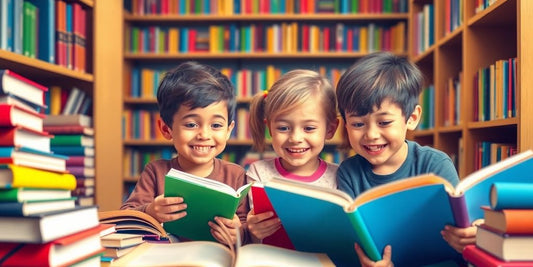 Children happily reading books in a cozy library setting.