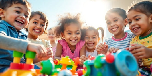 Children smiling, playing with colorful toys.