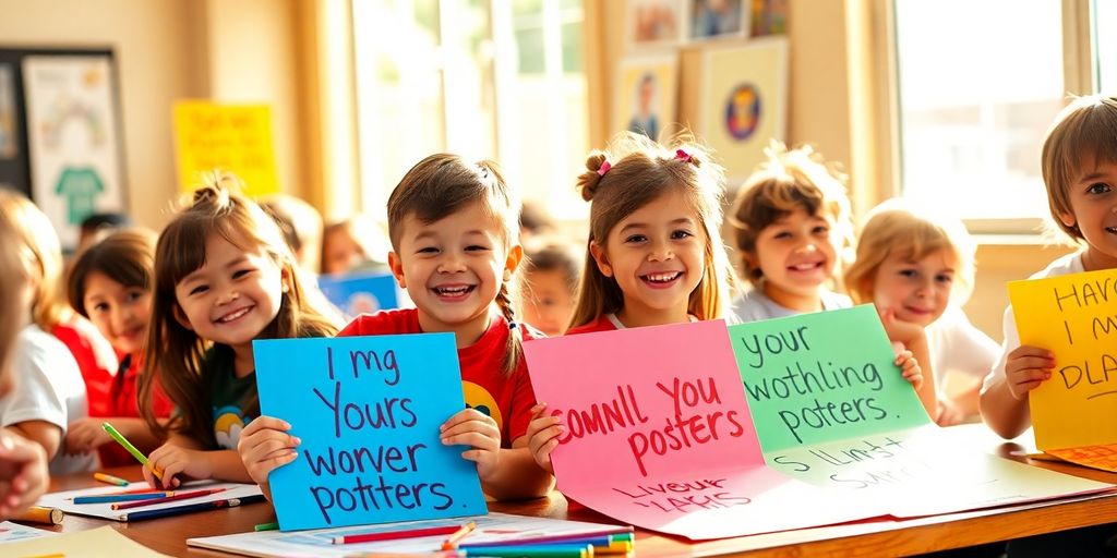 Children happily creating personalized motivational posters.