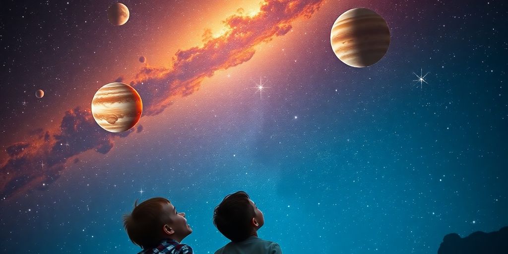 Children looking up at a starry night sky.