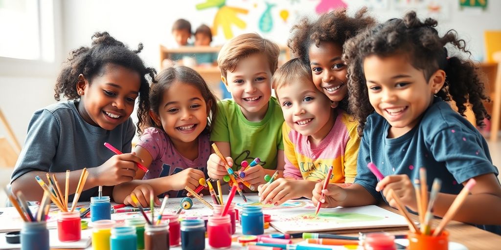 Young artists painting vibrant creations with colorful art supplies.