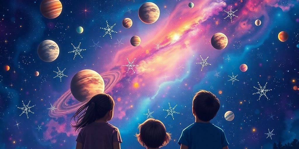 Children looking at a starry night sky full of planets.