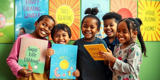 Children smiling with colorful motivational posters.