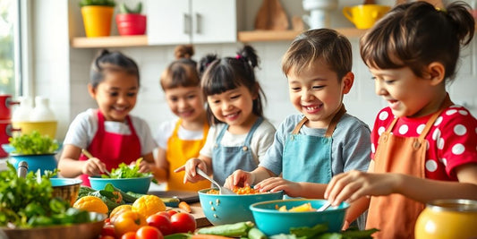 Kids joyfully cooking in a colorful kitchen setting.