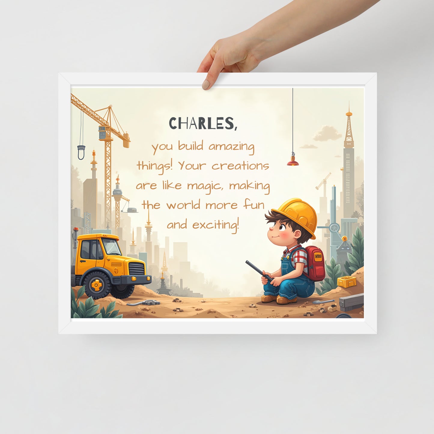 Motivational personalized builder gift for kids to inspire construction and imagination.