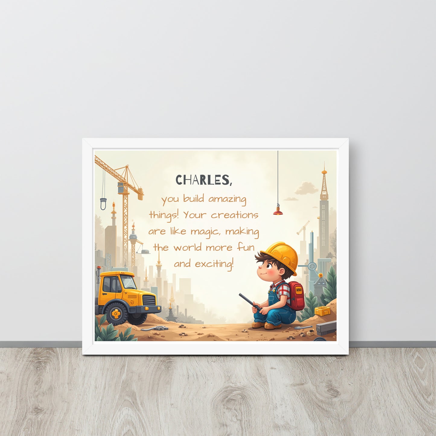 Builder-themed personalized quote gift for kids designed to spark big dreams and creativity.
