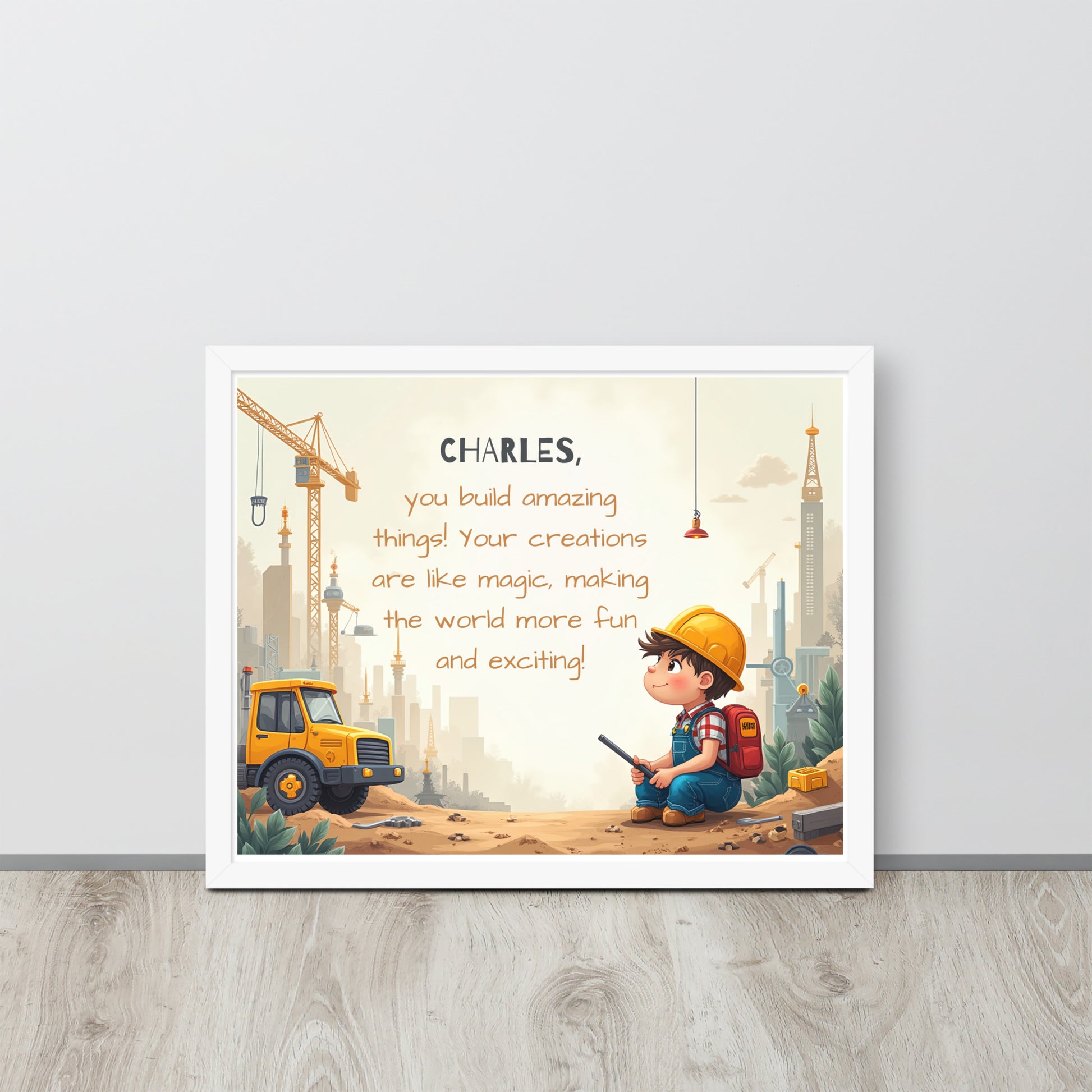 Builder-themed personalized quote gift for kids designed to spark big dreams and creativity.