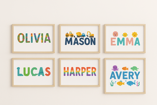 Custom kids' name art prints for nursery and playroom wall decor, featuring personalized names with floral, truck, dinosaur, rainbow, and ocean themes in wooden frames.