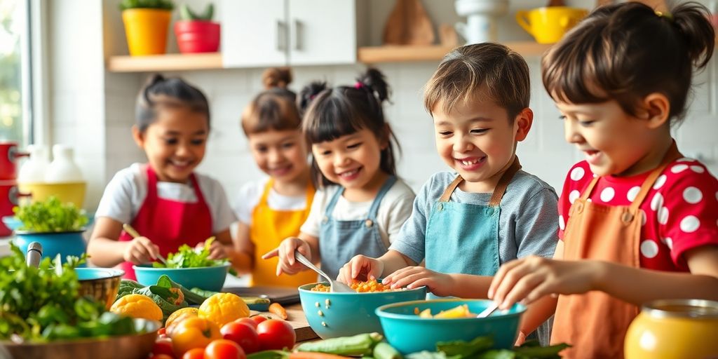 Kids joyfully cooking in a colorful kitchen setting.